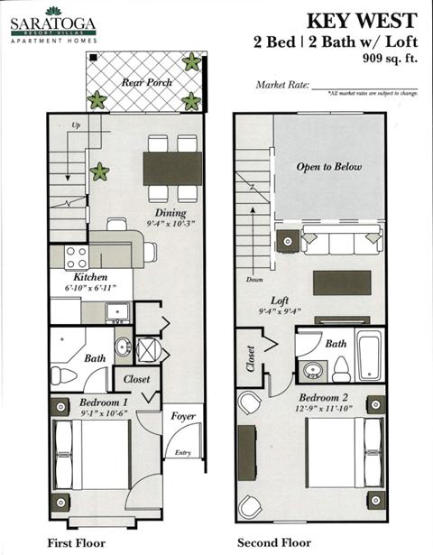 Floor plan for 2 beds, 2 baths, 909 sqft